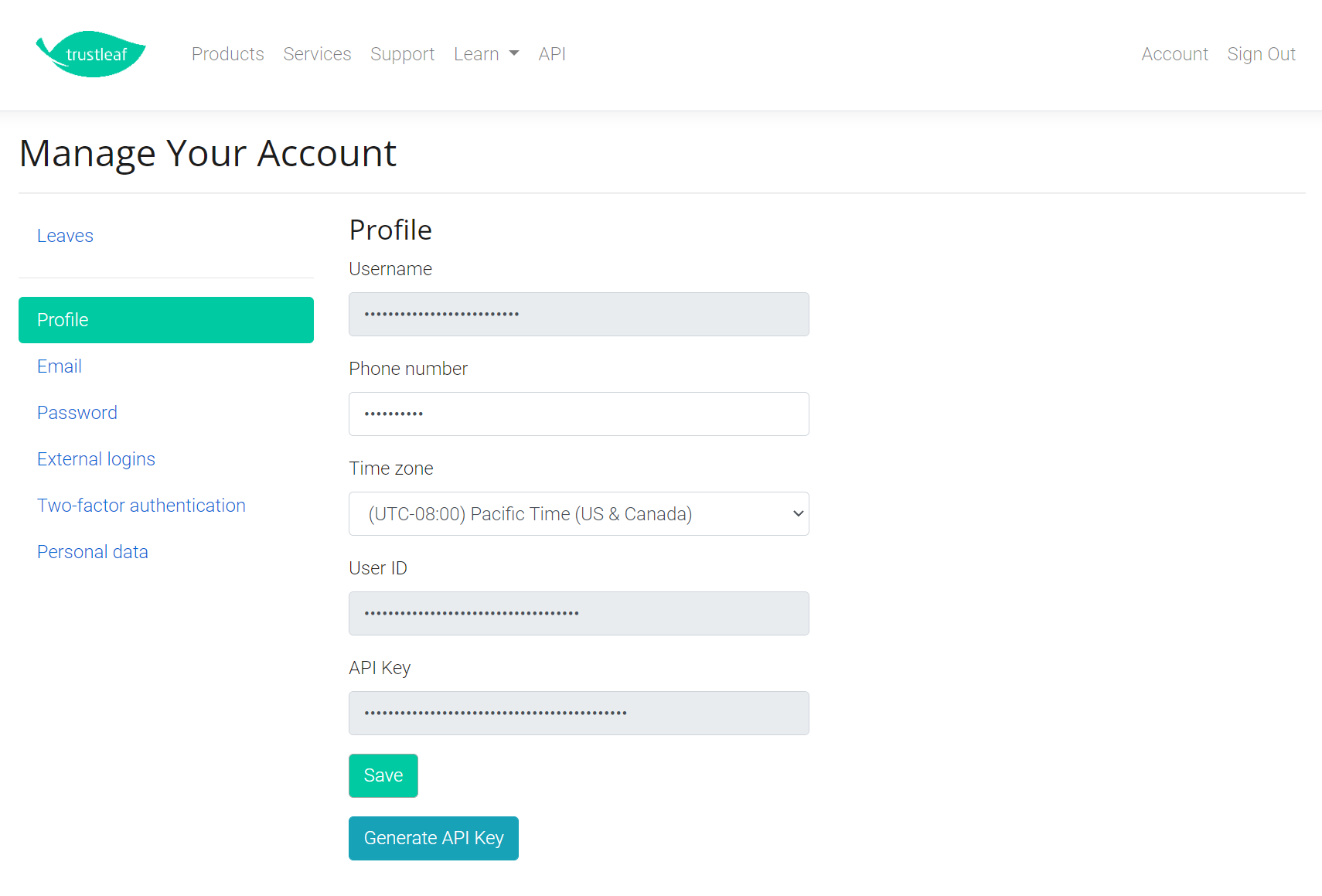 Update Your Trustleaf Account and Profile Details and Information, Including Your User ID, API Key, and Preferred Time Zone