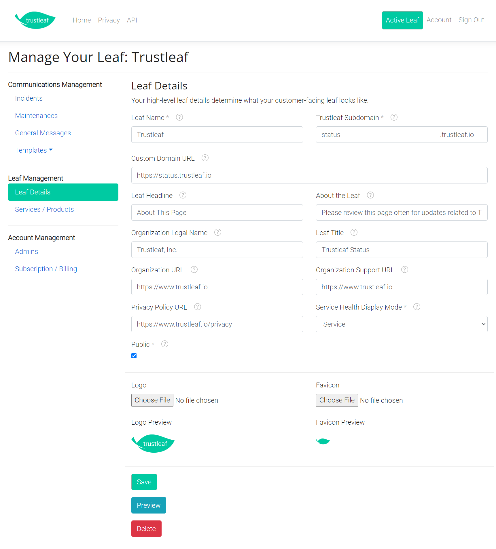 Edit Your Leaf Details Status Page Screen